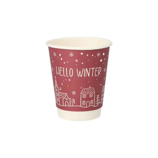 Trinkbecher, Pappe 0,2 l Ø 8 cm · 9,3 cm rot "Hello Winter" doppelwandig