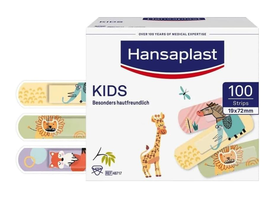 Hansaplast Universal Kinderpflaster (100 Strips), Wundpflaster mit niedlichen Tiermotiven zum Aufmuntern, schmerzlos zu entfernende Pflaster