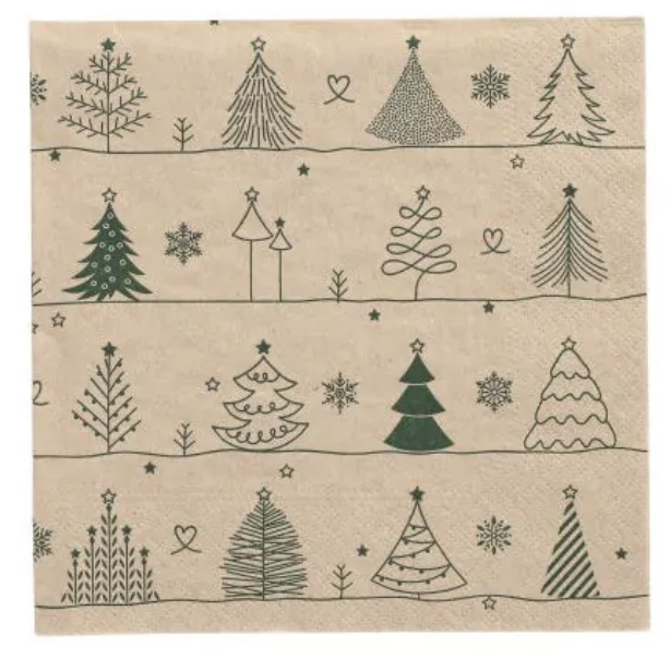 Servietten, 3-lagig 1/4-Falz 33 cm x 33 cm natur "Various X-Mas Trees" aus recyceltem Papier 20 Stk.