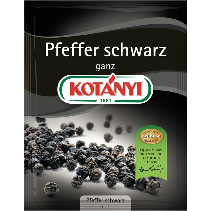 Kotanyi Brief braun, Pfeffer schwarz ganz