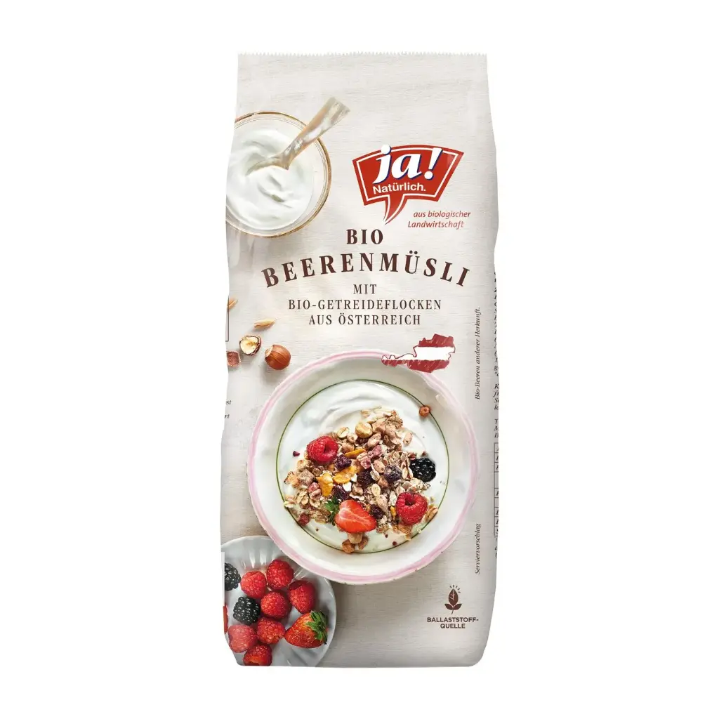Ja! Natürlich Bio Getreidemüsli mit Trockenfrüchten und Beeren 375g